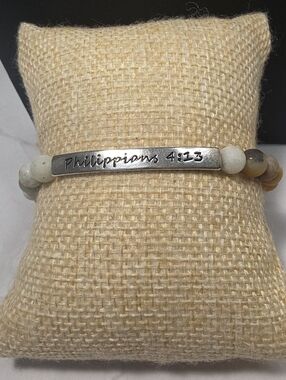 Philippians 4:13 Beaded Scripture Bracelet - White Beads with Silver Plate